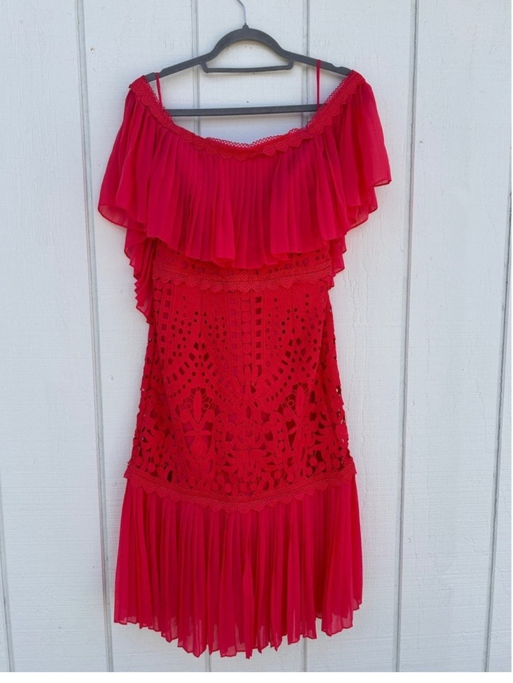 Temperley London Red Off The Shoulder Pleated Dress, Lace Body Dress, US 8